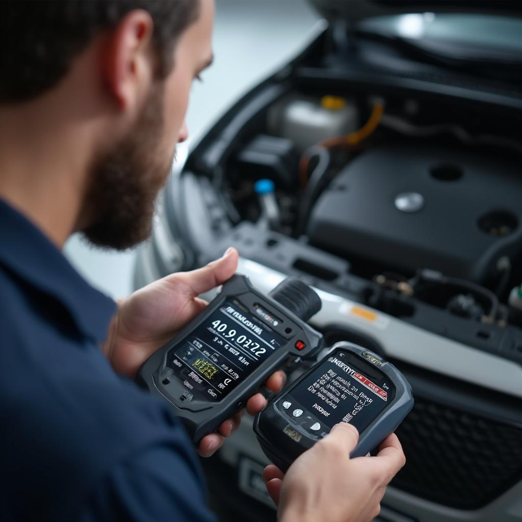 Mechanic using OBD2 scanner on a car