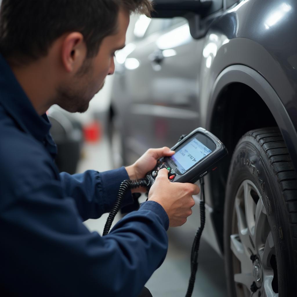 Mechanic Using OBD2 Scanner on a Car