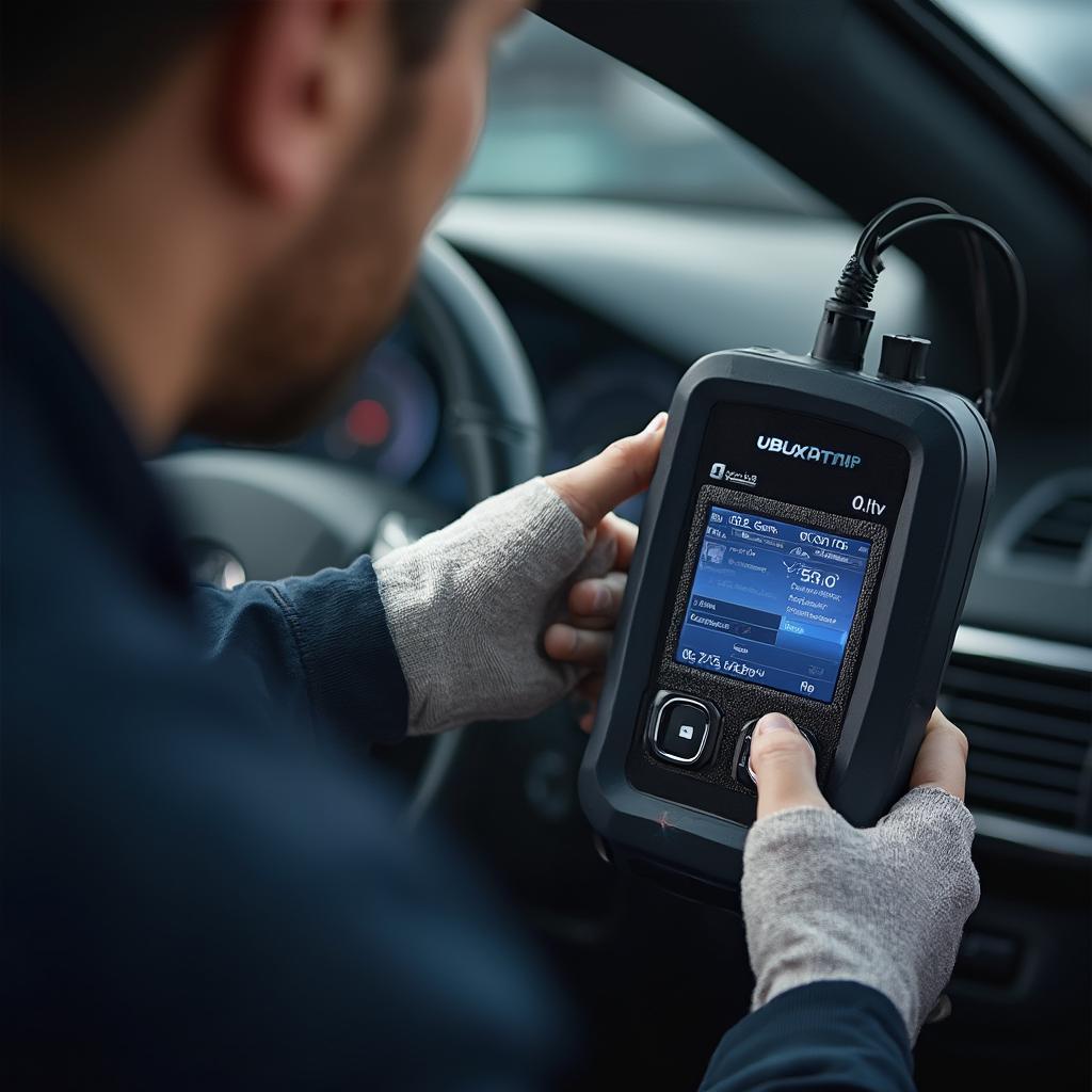 Mechanic using OBD2 scanner on car