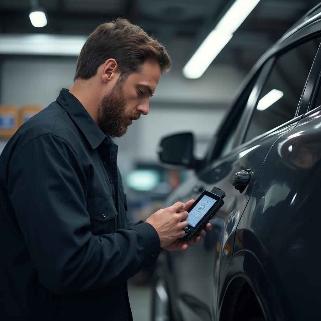 Mechanic Using OBD2 Scanner on a Car