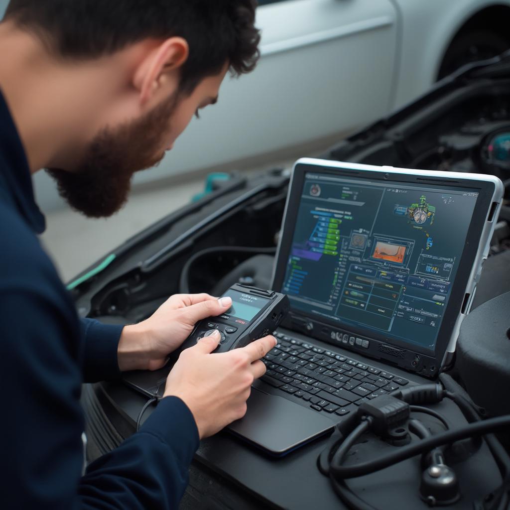 Mechanic Using OBD2 Scanner on Car