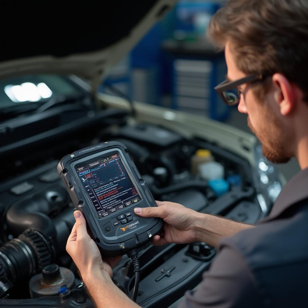 Mechanic using an OBD2 scan tool to diagnose a car