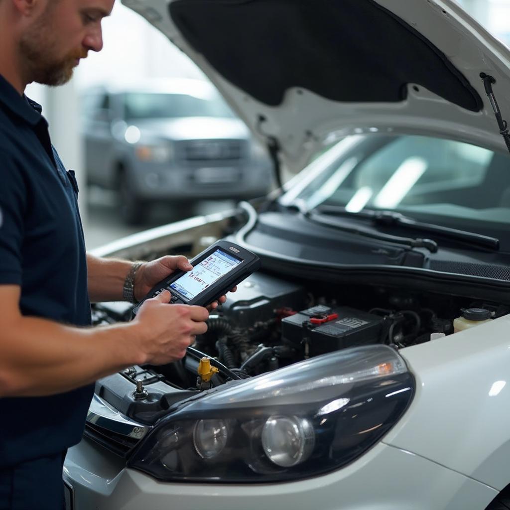 Mechanic Using OBD2 Scanner on a Car