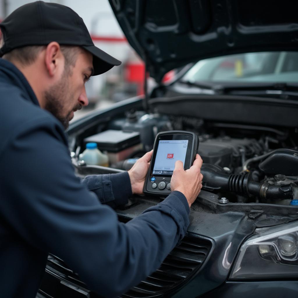 Mechanic Using an OBD2 Scanner on a Car Engine