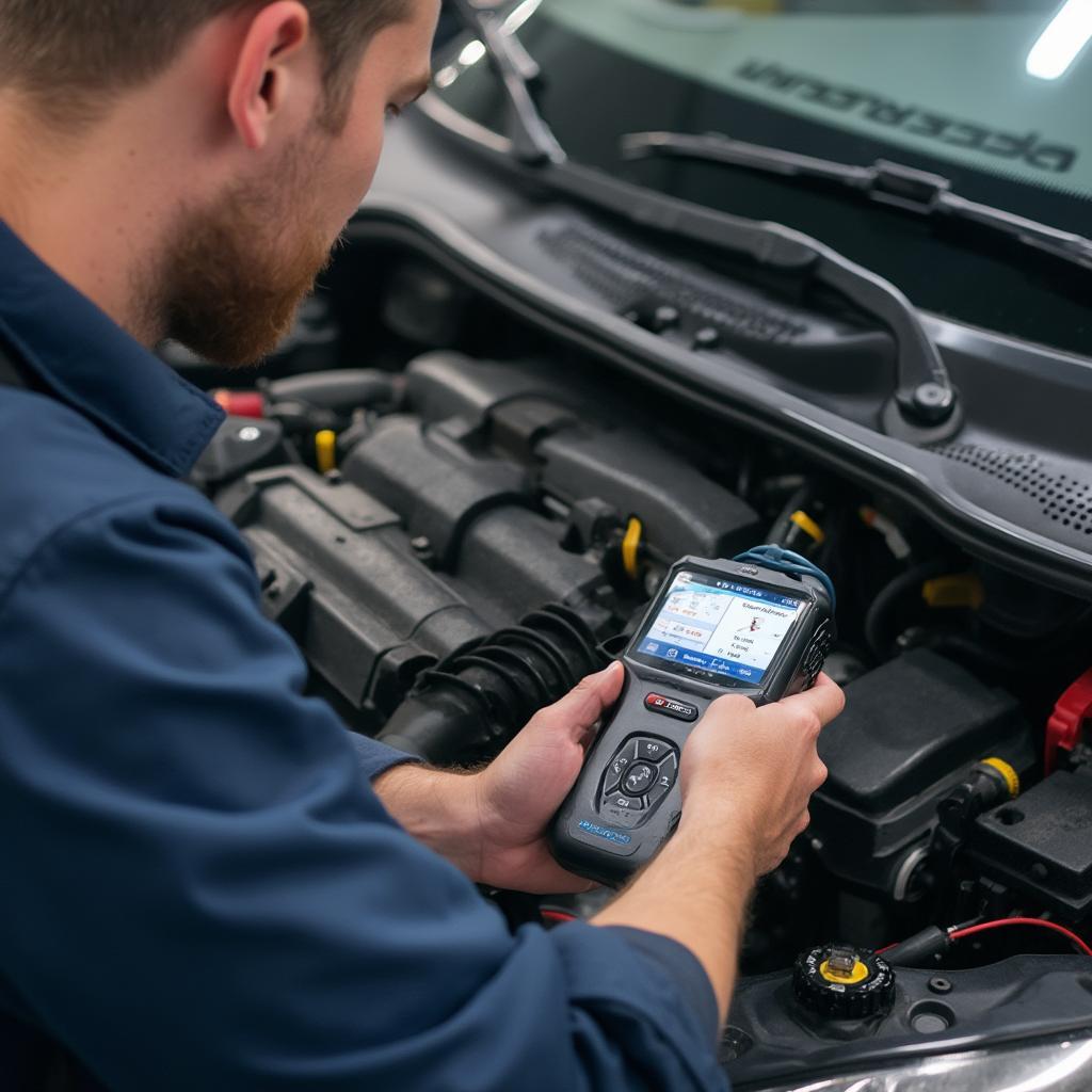 Mechanic Diagnosing with OBD2 Scanner