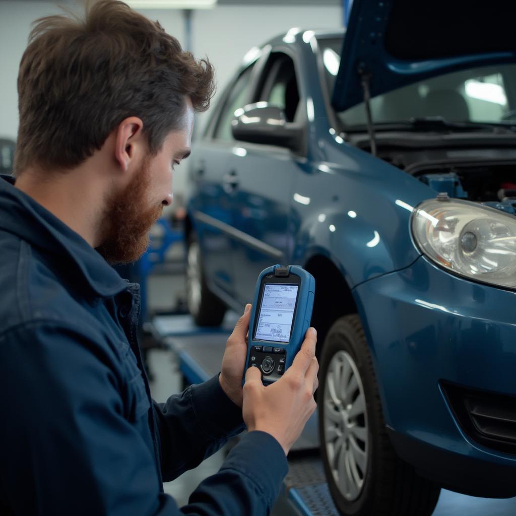 Mechanic using OBD2 scanner on a car