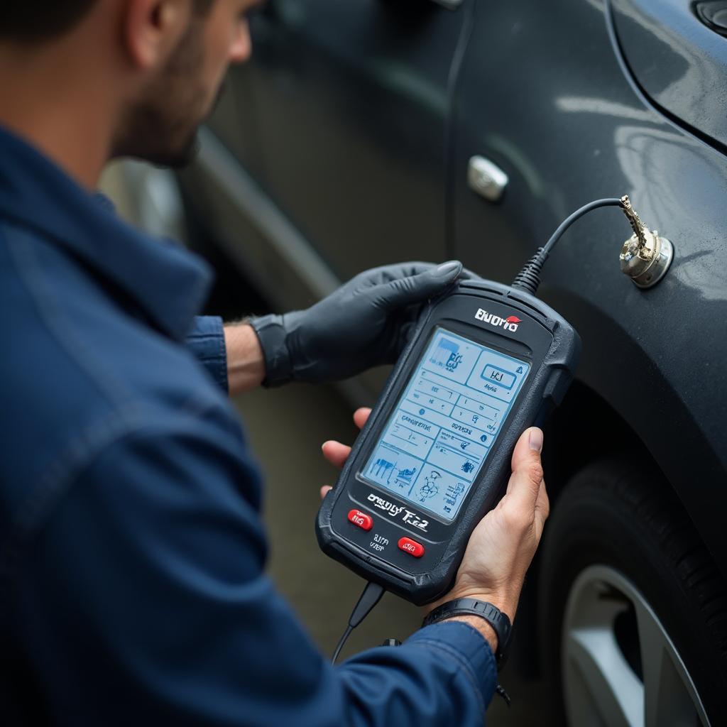 Mechanic Using OBD2 Scanner on Car