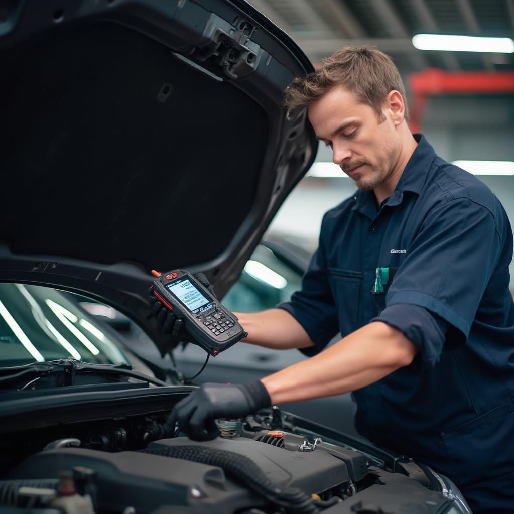 Mechanic Using an OBD2 Scanner on a Car