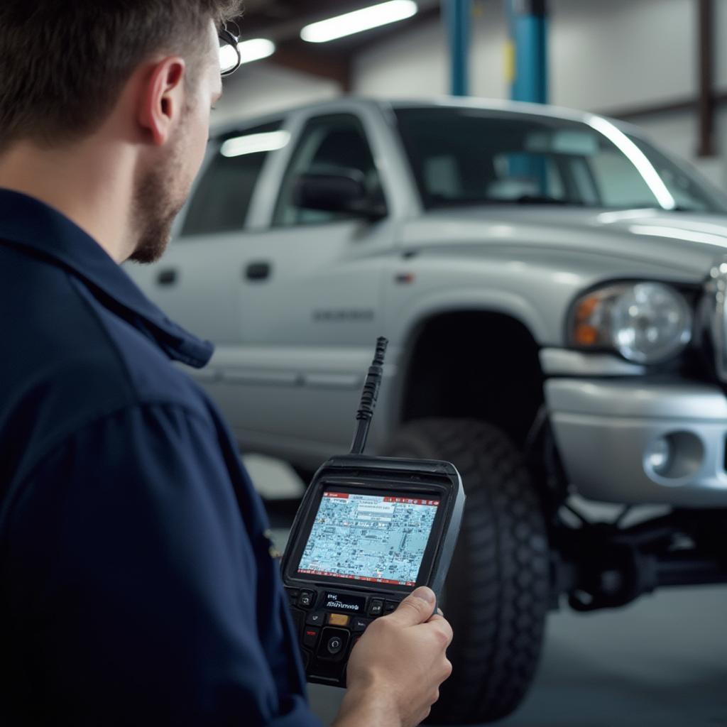 Mechanic using an OBD2 scanner to diagnose a car problem