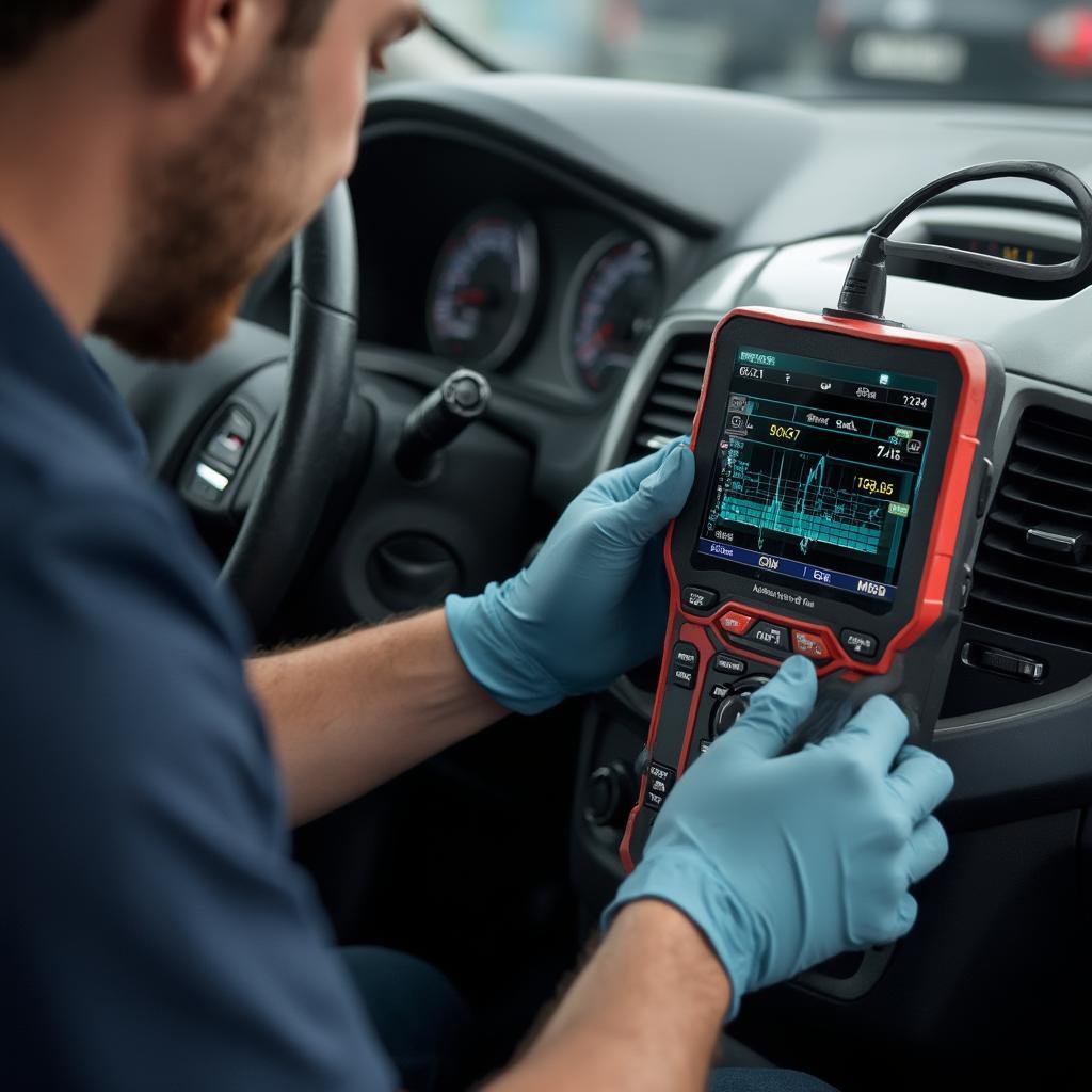 Mechanic Using OBD2 Scanner on a Car