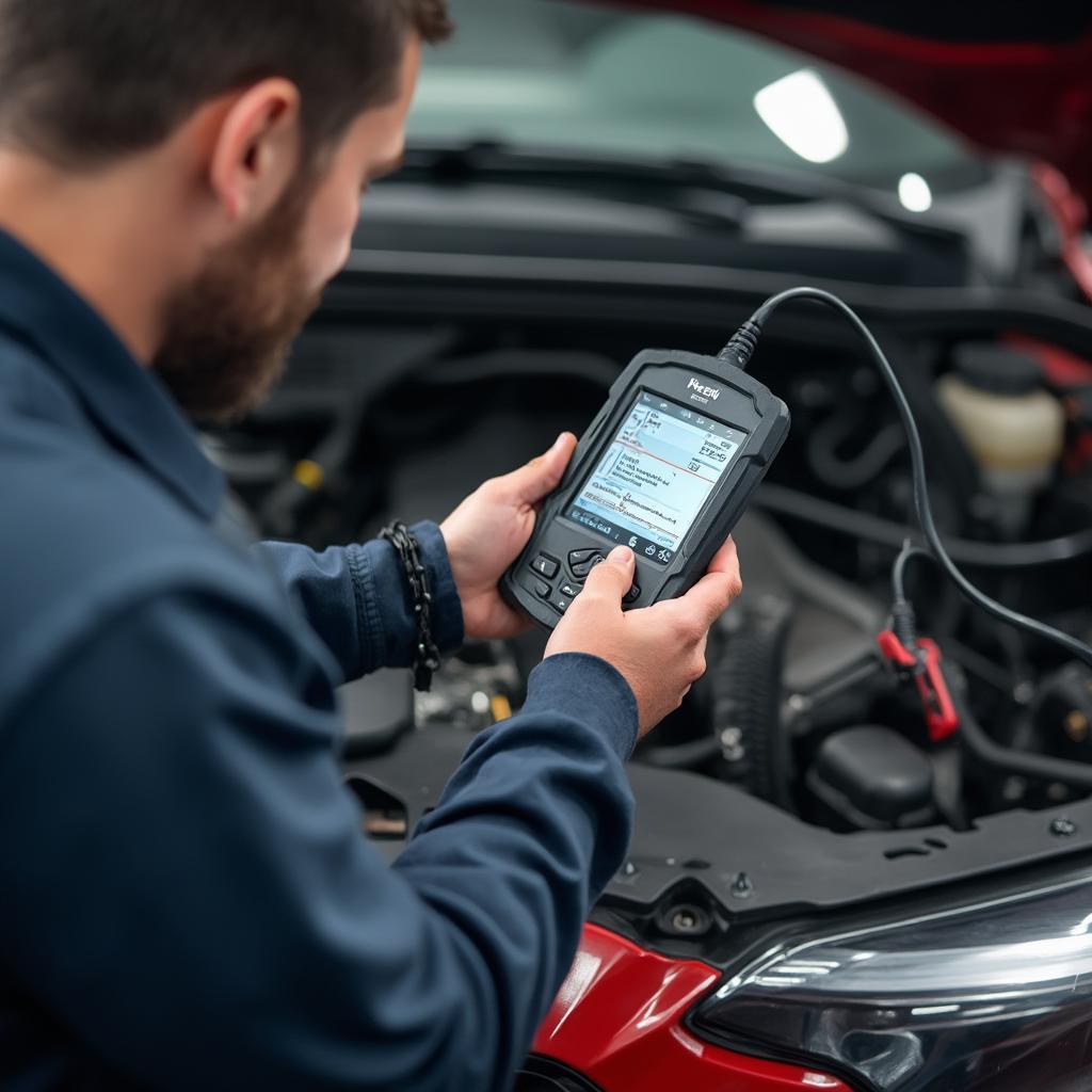 Mechanic using an OBD2 scanner to diagnose car engine issues