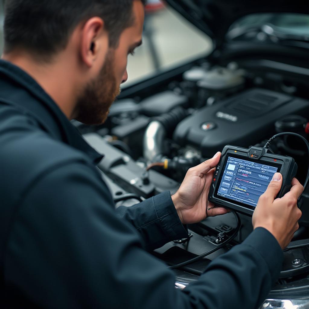 Mechanic using an OBD2 scanner on a car engine