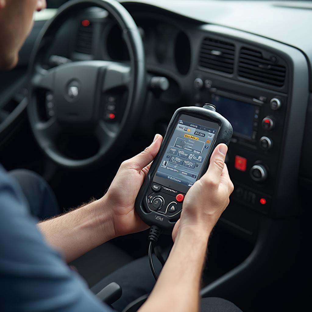 Mechanic using an OBD2 scanner on a car with no check engine light illuminated.