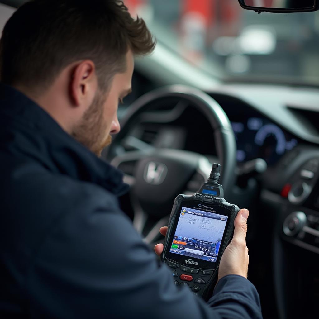 Mechanic using an OBD2 scanner on a Honda Civic