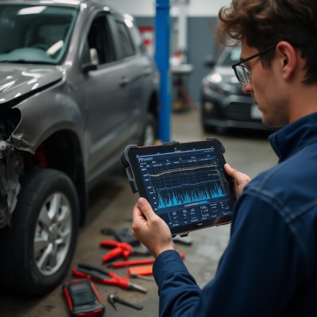 Mechanic Using OBD2 Scanner on a Damaged Car