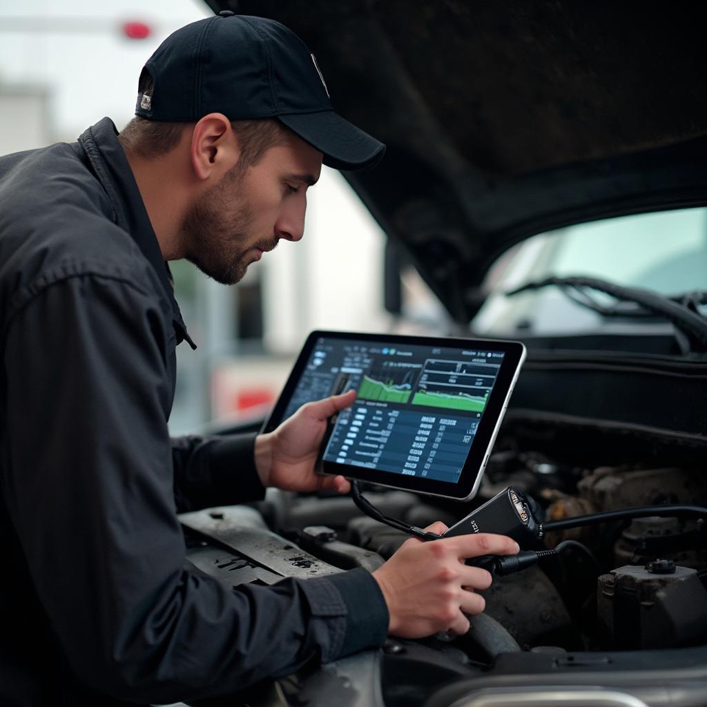 A mechanic is using an OBD2 Bluetooth scanner to diagnose a problem with a diesel engine. The scanner is plugged into the diagnostic port, and the mechanic is viewing data on a tablet.