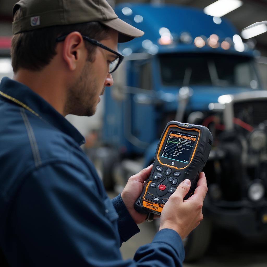 Mechanic Using an OBD2 Scanner on a Diesel Truck