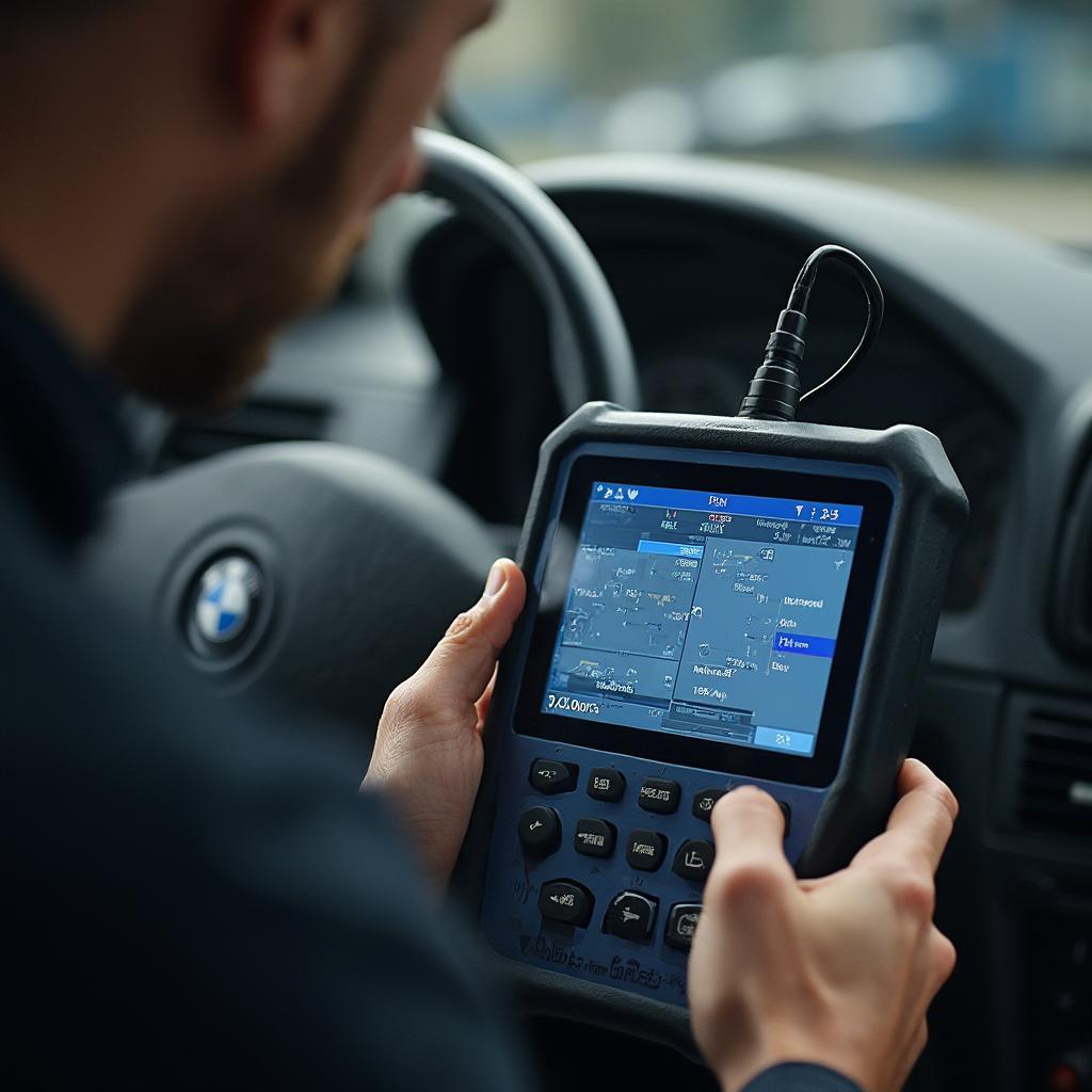 Mechanic Using OBD2 Scanner on E34