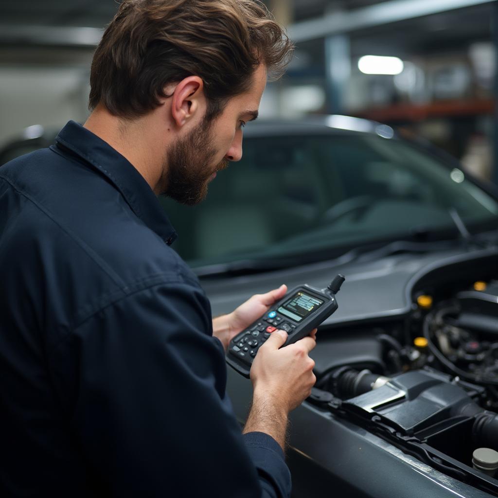 Mechanic Using OBD2 Scanner on E350