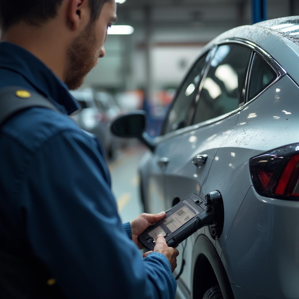 Mechanic Using an OBD2 Scanner on an Electric Vehicle