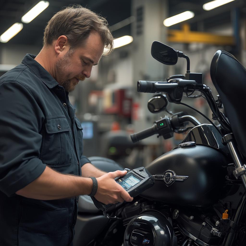 A mechanic using an OBD2 scanner on a Harley Davidson motorcycle in a workshop.