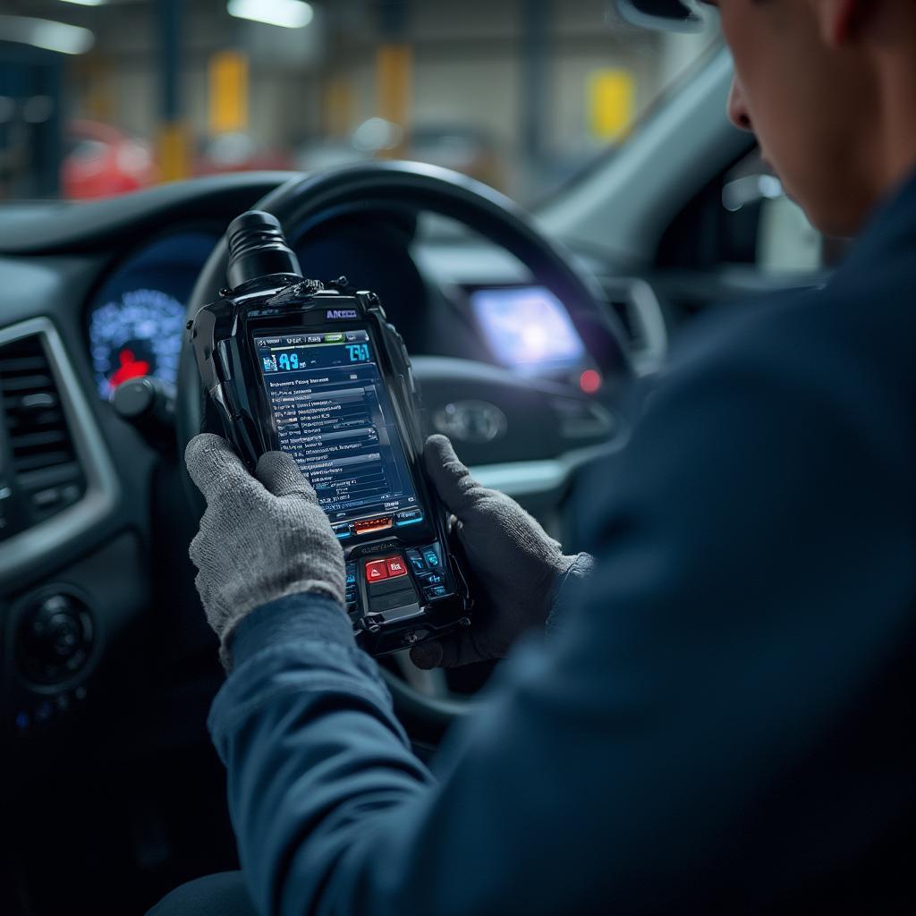 Mechanic Using an OBD2 Scanner on a Hyundai Sonata