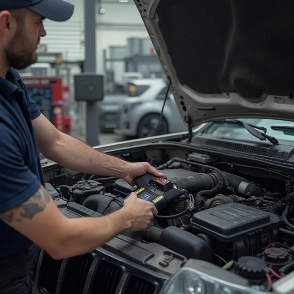 Mechanic Using OBD2 Scanner on a Jeep Grand Cherokee