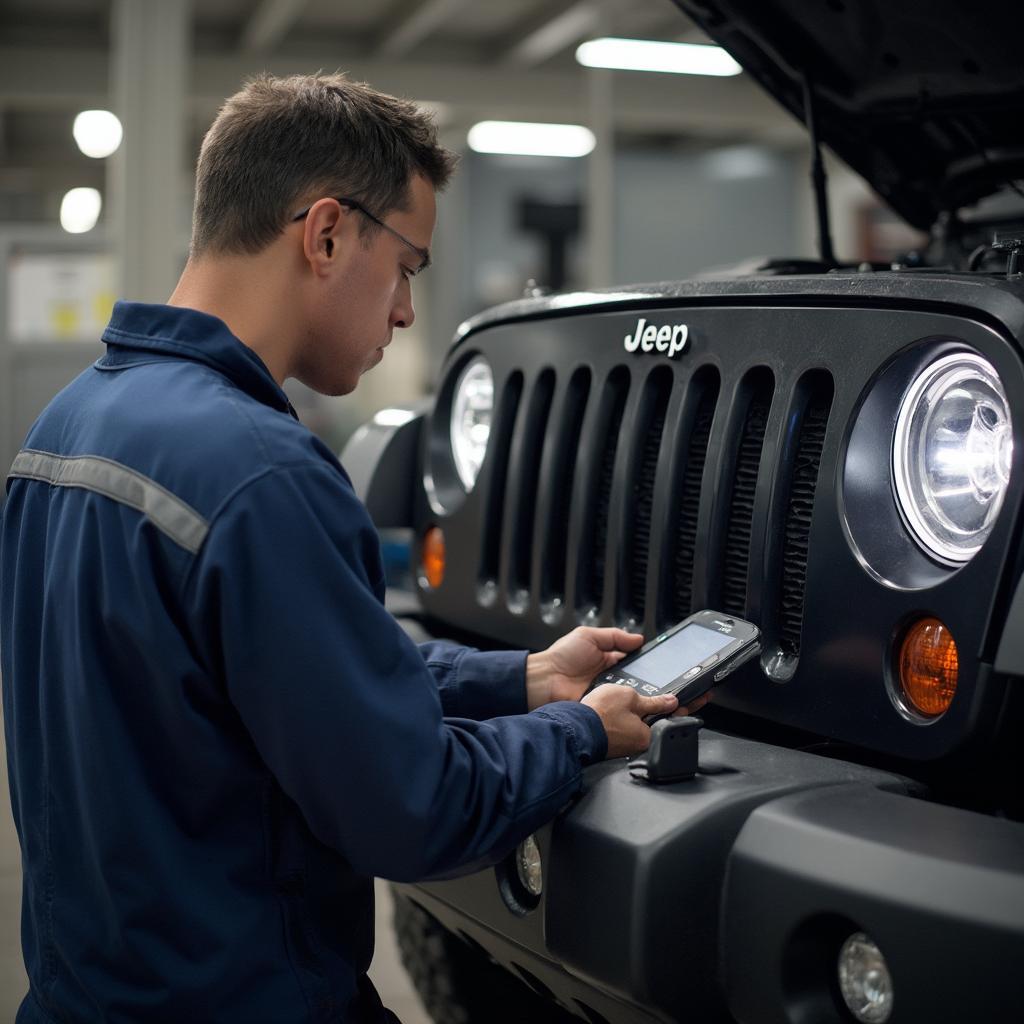 Mechanic Using OBD2 Scanner on a Jeep