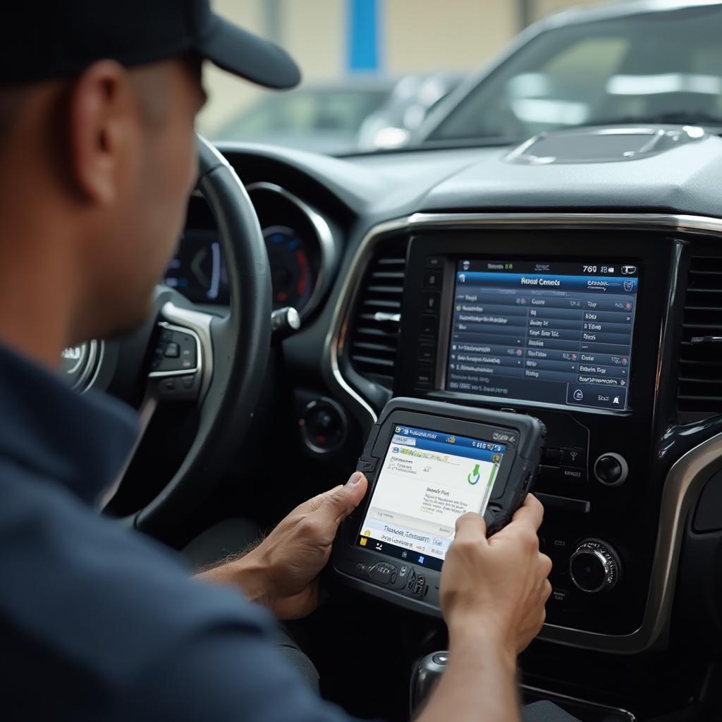 Mechanic using OBD2 Scanner on a Jeep Grand Cherokee WK