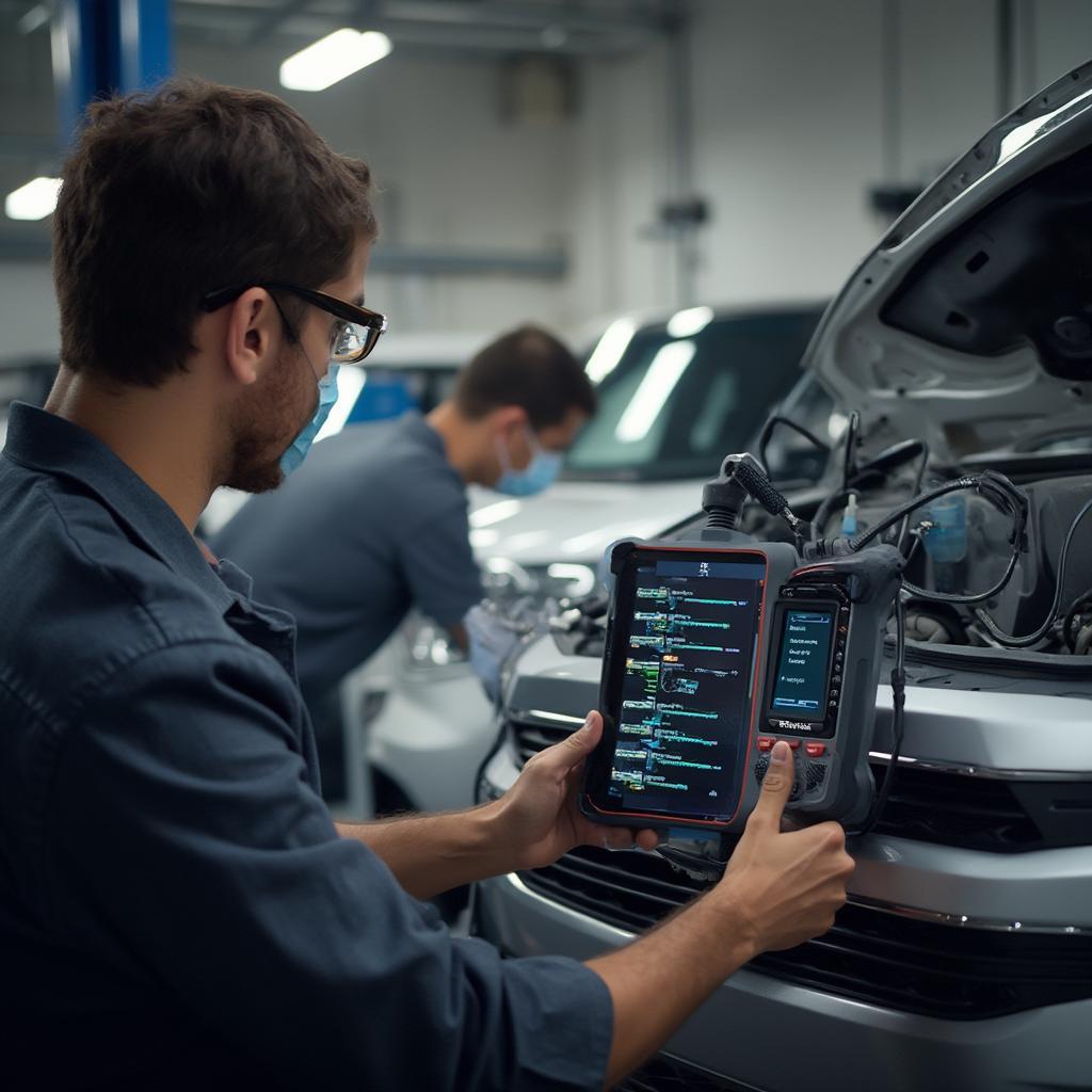 A mechanic using a professional OBD2 scanner to diagnose a Toyota Prius in a repair shop.