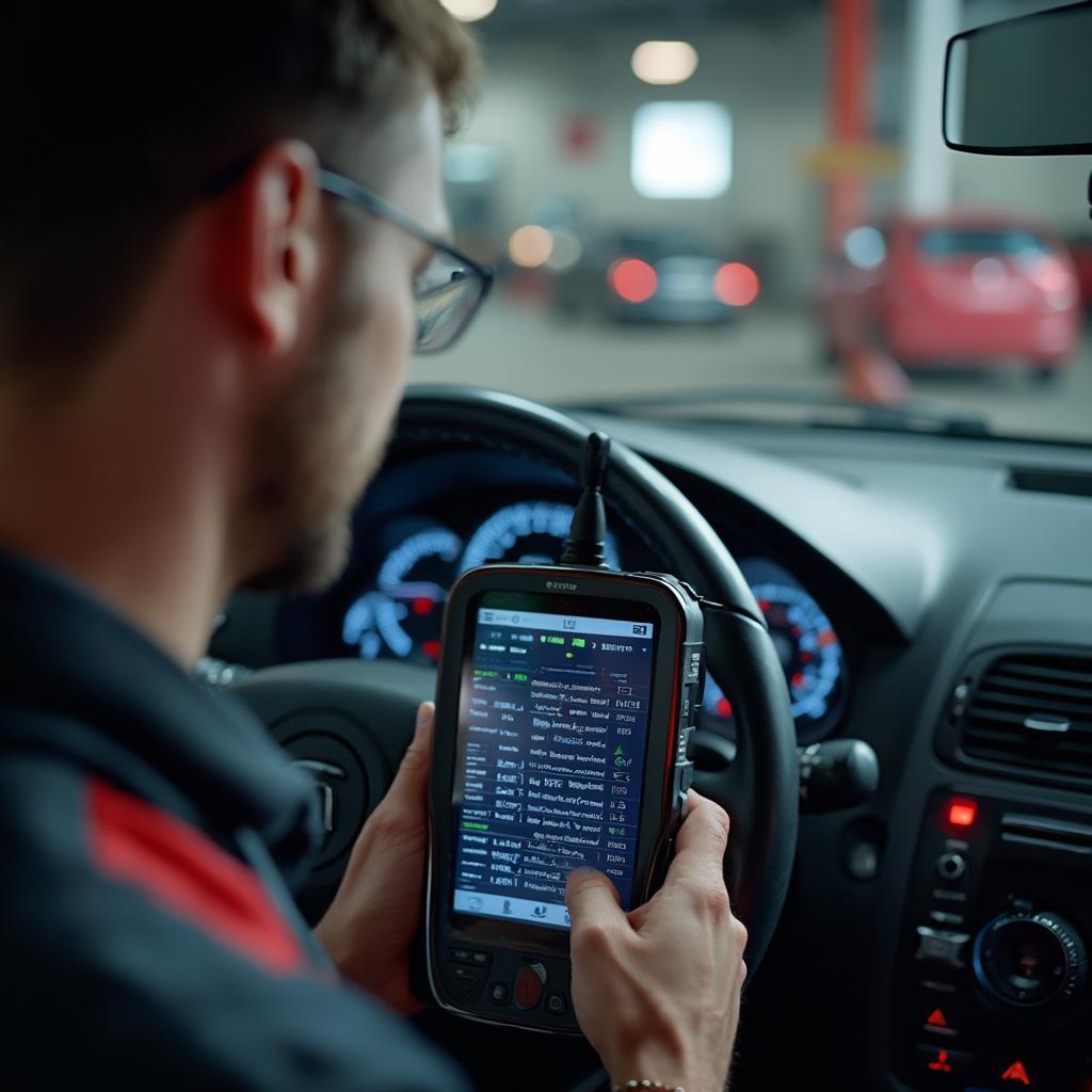 Mechanic Using an OBD2 Scanner on a Saturn Ion