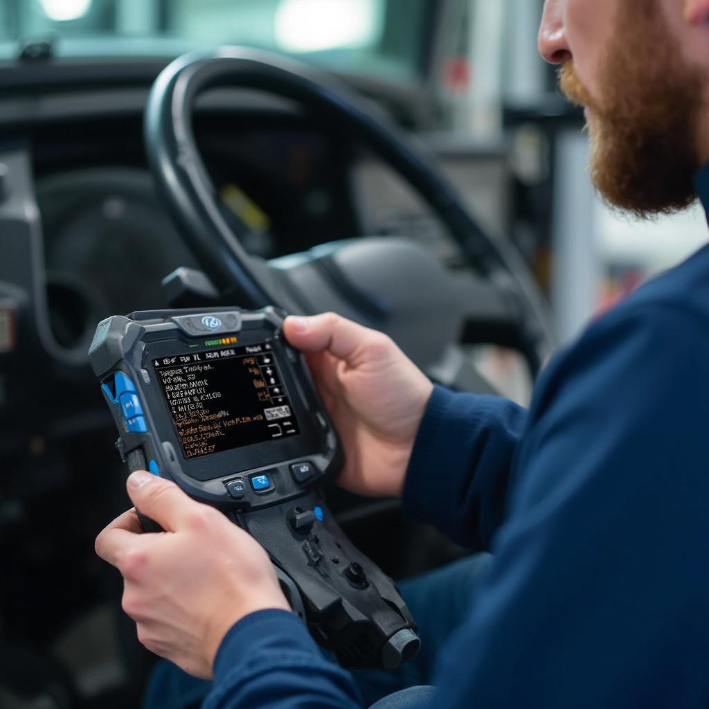 Mechanic Using an OBD2 Scanner on a Semi-Truck