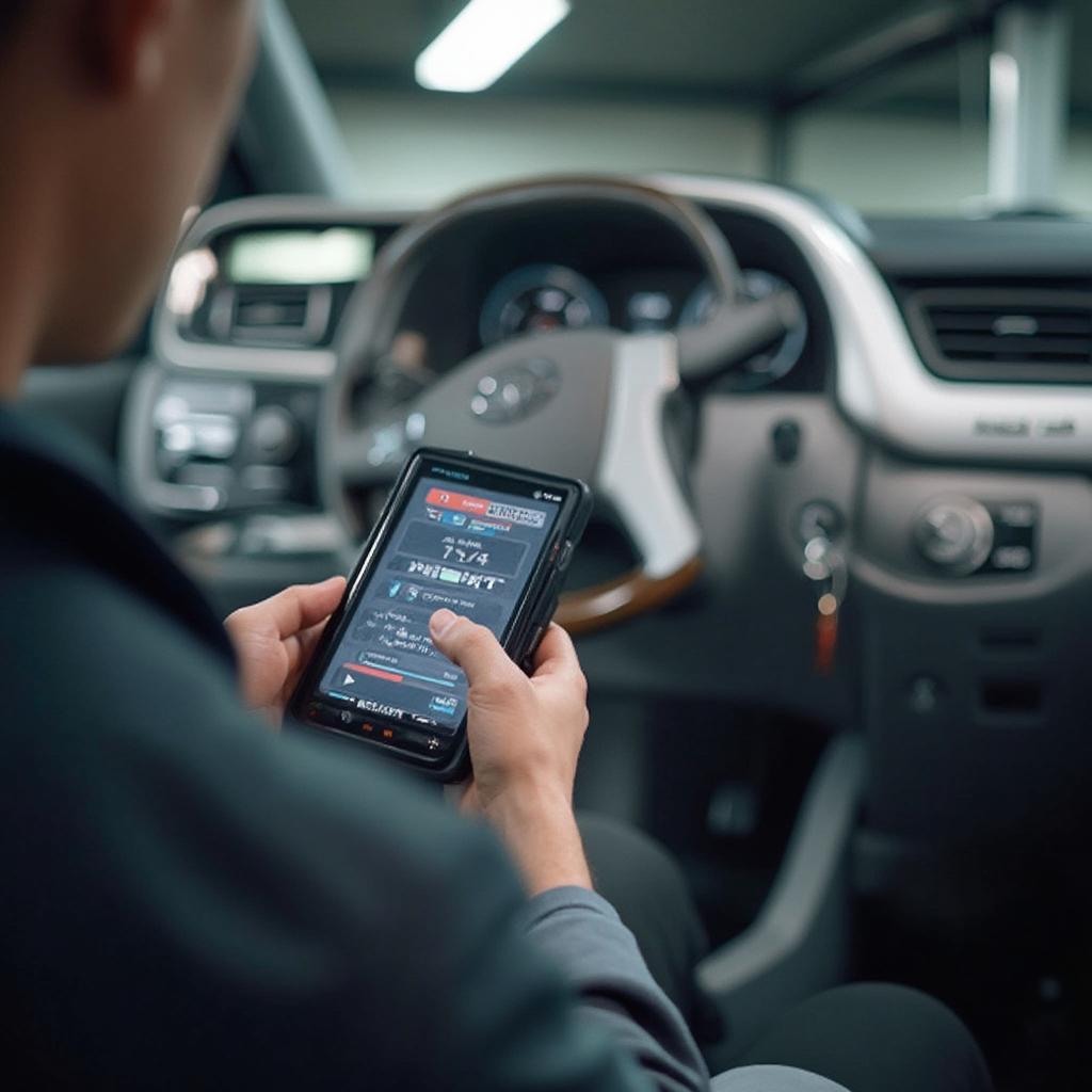 Mechanic using an OBD2 scanner on a Toyota Sienna in a repair shop.