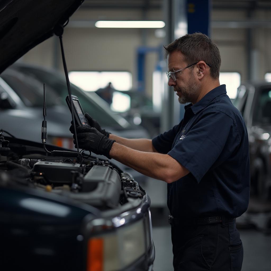 Mechanic Using OBD2 Scanner on a Silverado