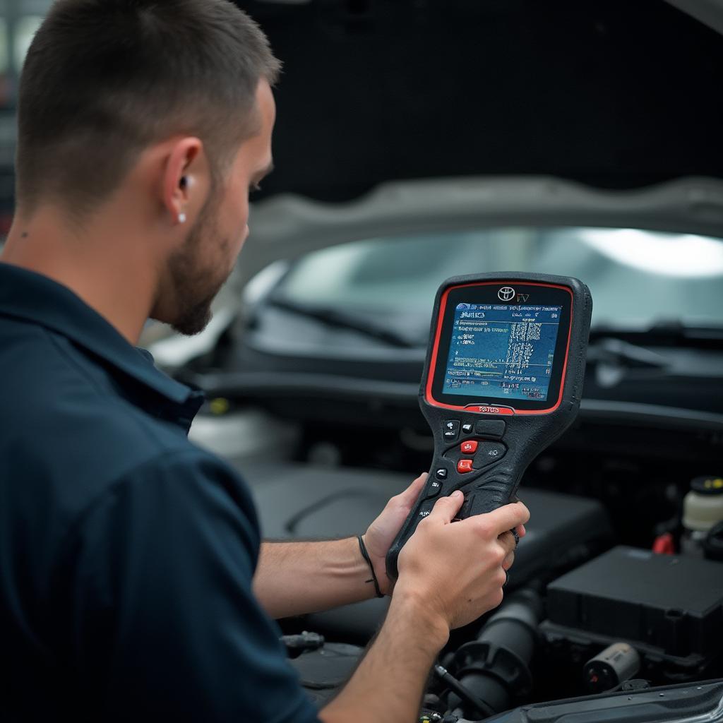 Mechanic Using OBD2 Scanner on Toyota Engine