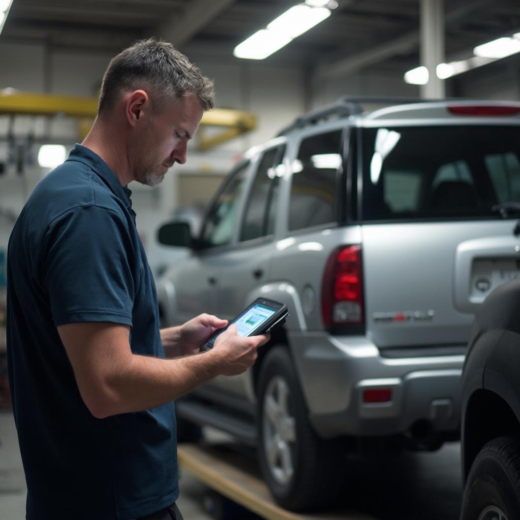 Mechanic Using OBD2 Scanner on a 2006 Chevy Trailblazer