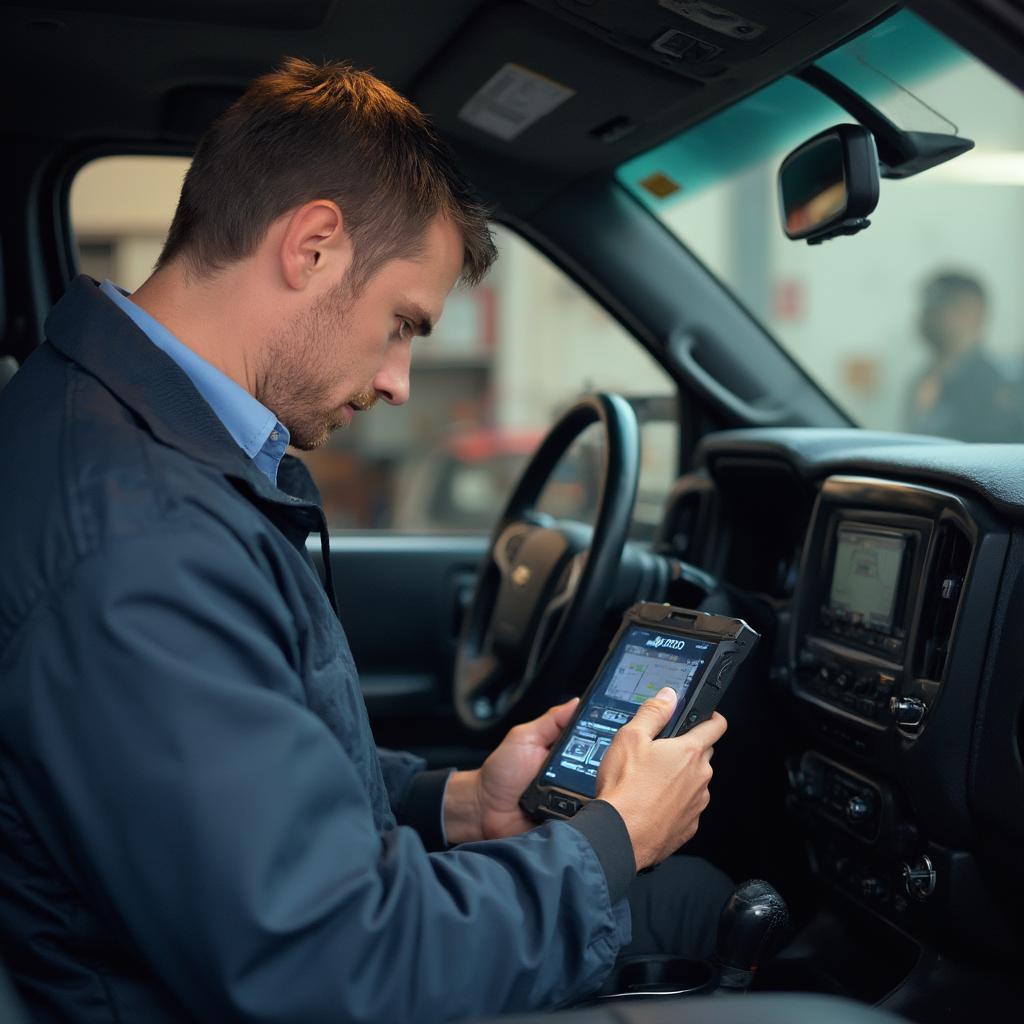 Mechanic Diagnosing Z71 with OBD2 Scanner