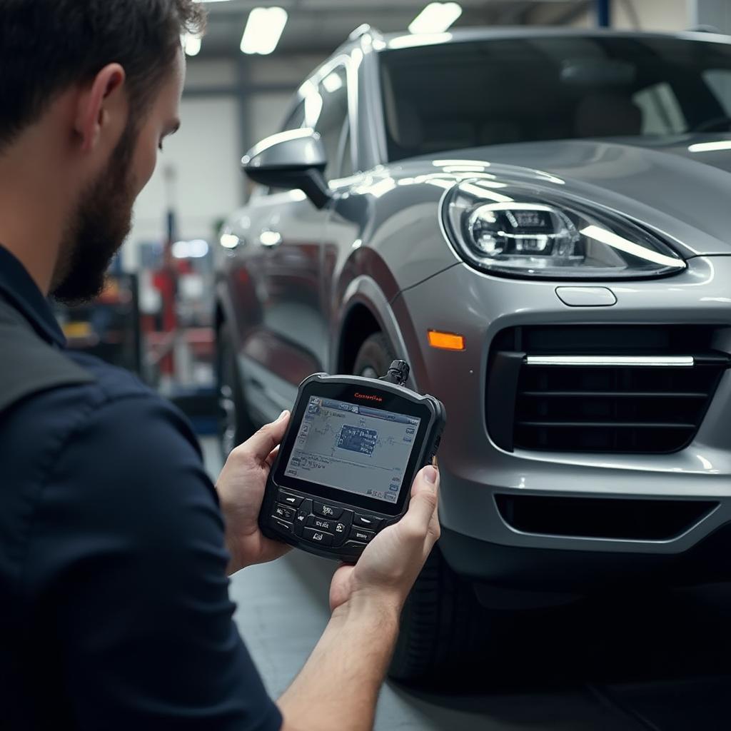 Mechanic Using OBD2 Scanner on Porsche Cayenne