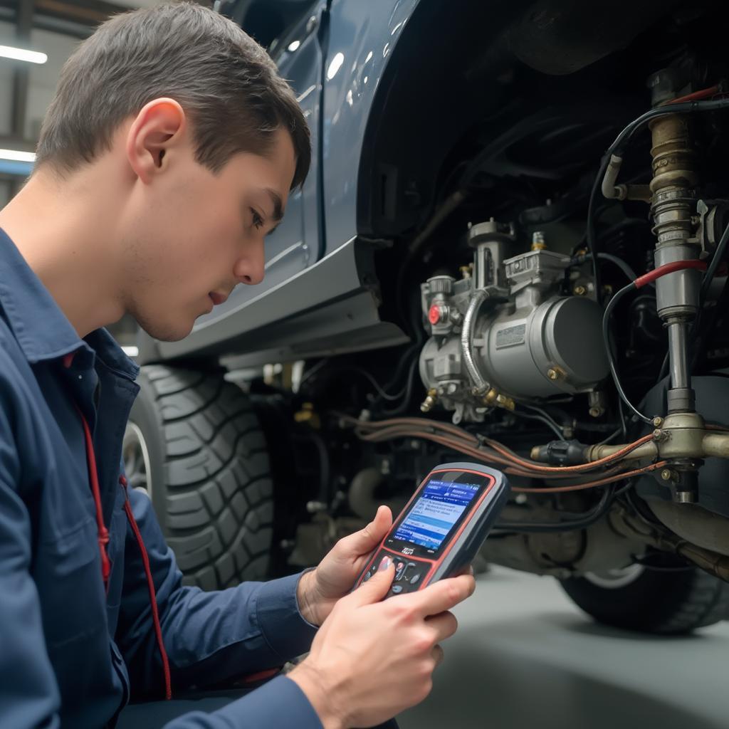 Mechanic Using OBD2 Scanner on Range Rover Air Suspension