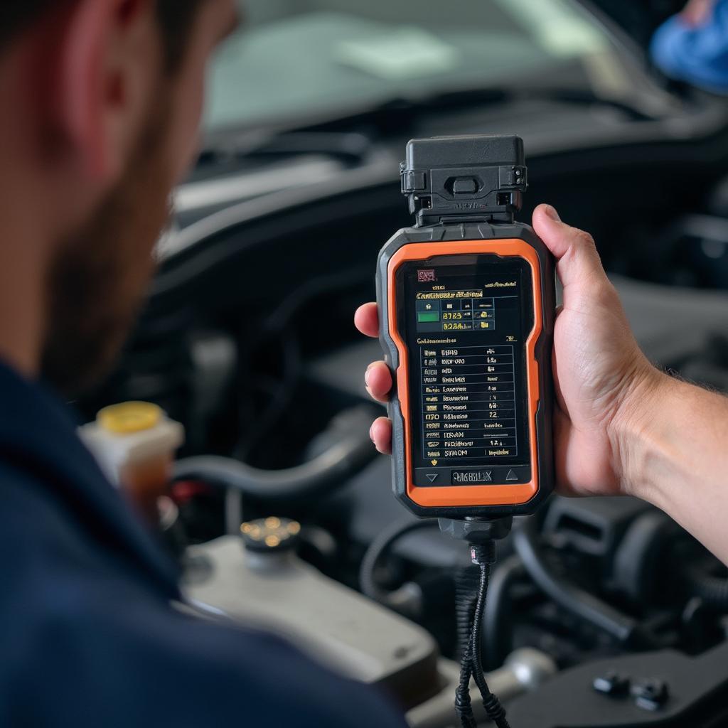 Mechanic Using OBD2 Scanner with Running Engine