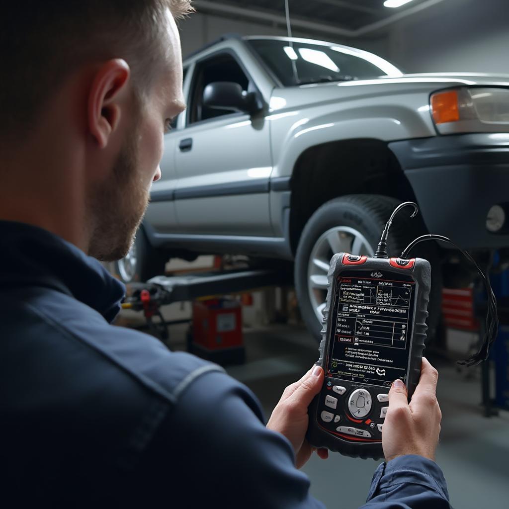 Mechanic Using OBD2 Scanner to Diagnose ABS Issue