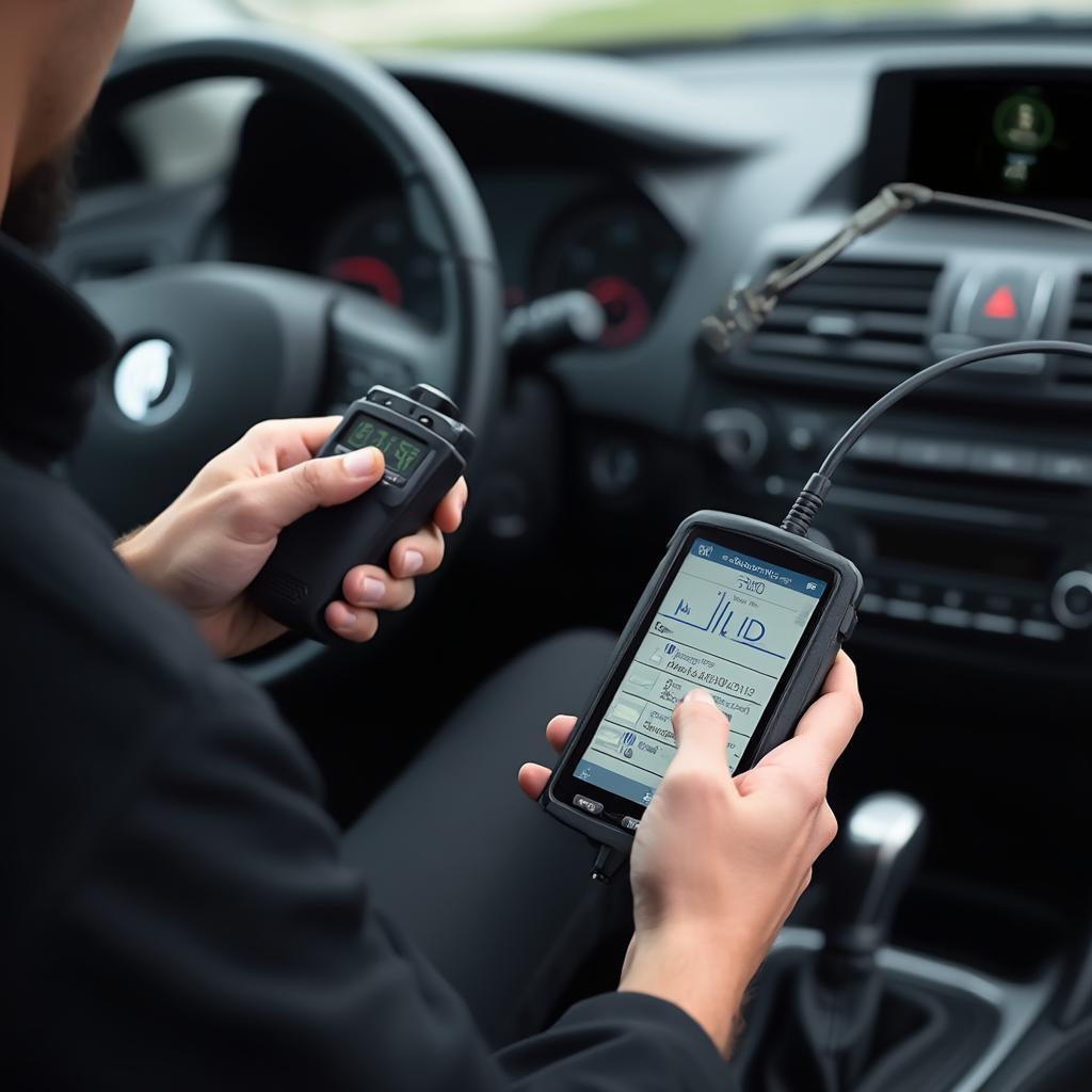 Mechanic Using an OBD2 Scanner to Diagnose a BCM Issue