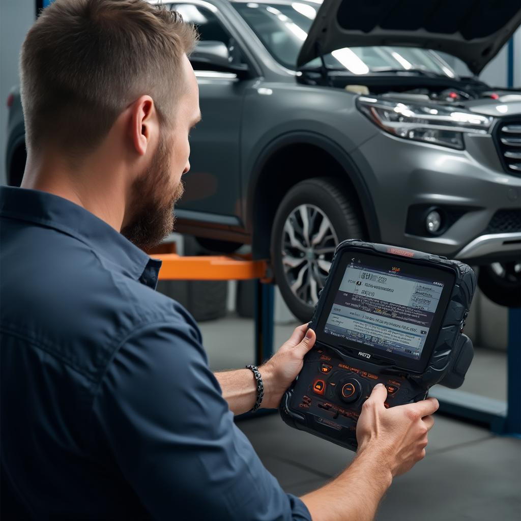 Mechanic Using OBD2 Scanner to Diagnose Car