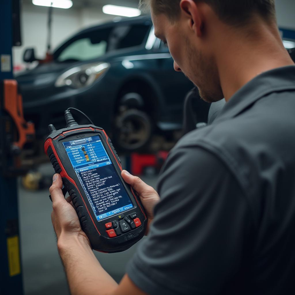 Mechanic using OBD2 scanner to diagnose car