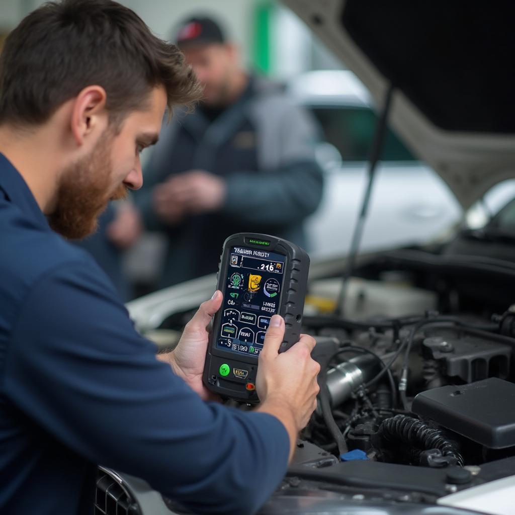 Mechanic Using OBD2 Scanner to Diagnose Car Engine