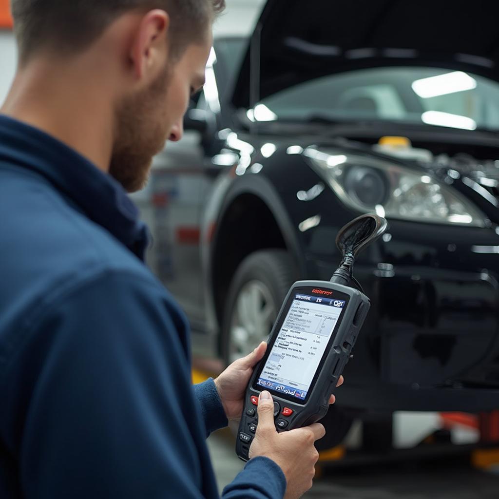 Mechanic using OBD2 scanner to diagnose car problem