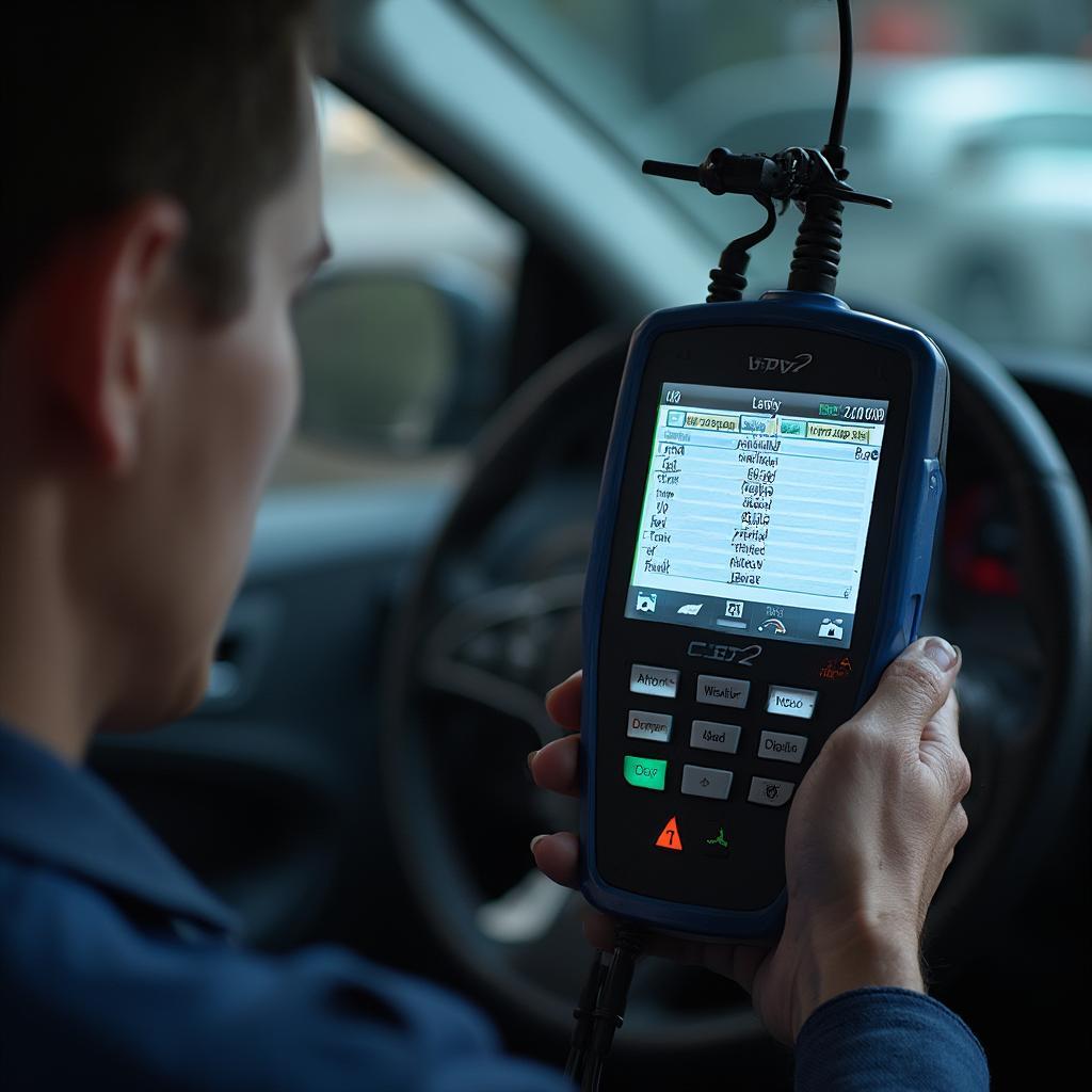 Mechanic Using OBD2 Scanner to Diagnose Car Problem