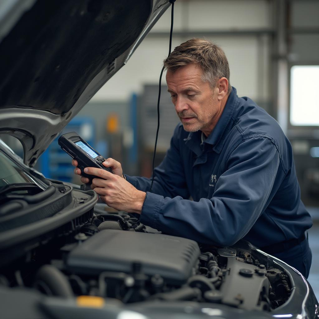 Mechanic Using OBD2 Scanner to Diagnose Car Problem