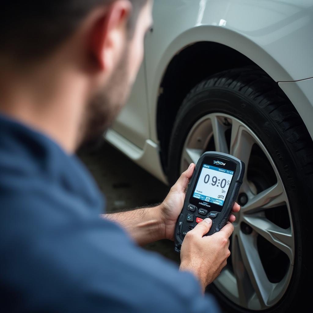 Mechanic Checking Tire Pressure with OBD2 Scanner