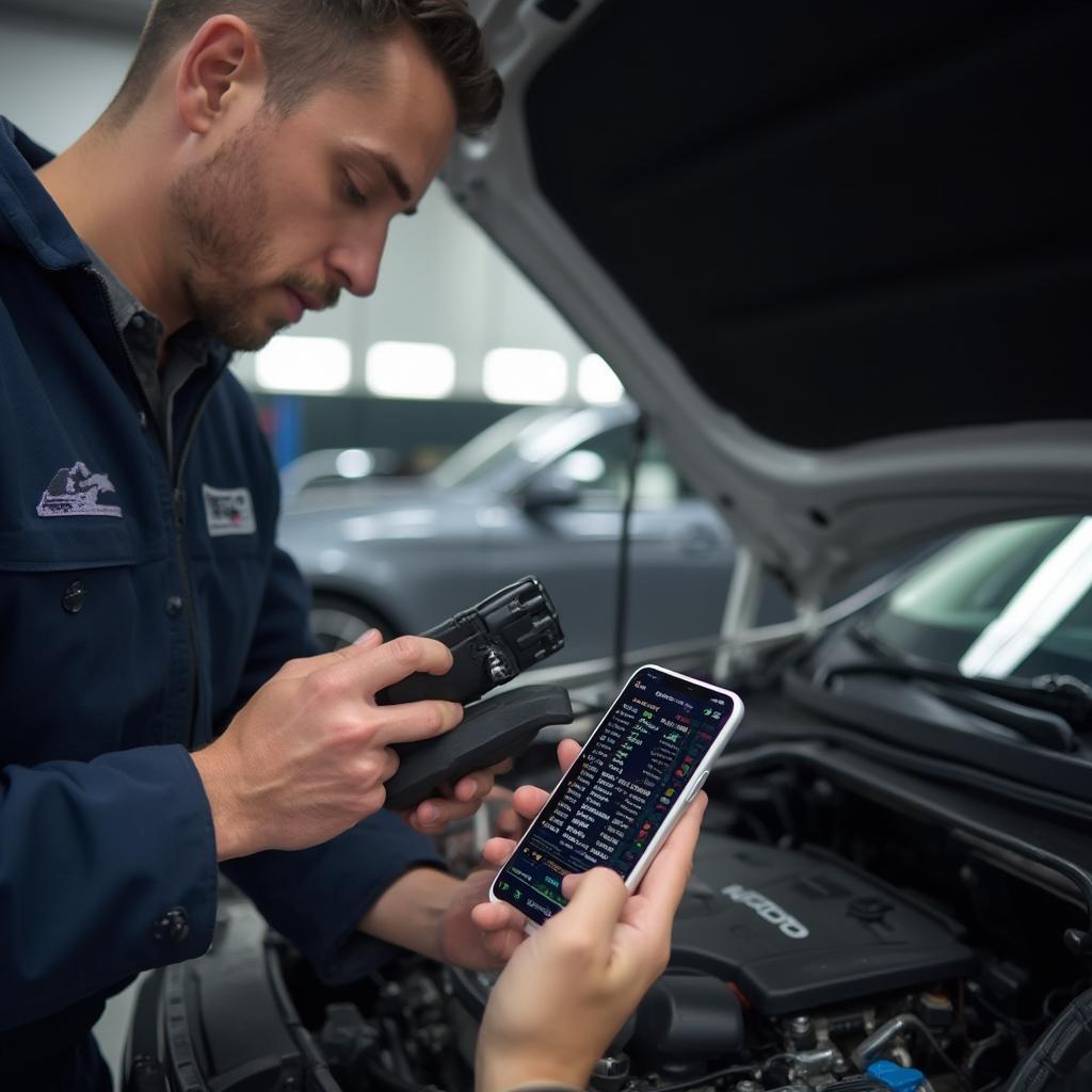 Mechanic using an OBD2 scanner and iPhone